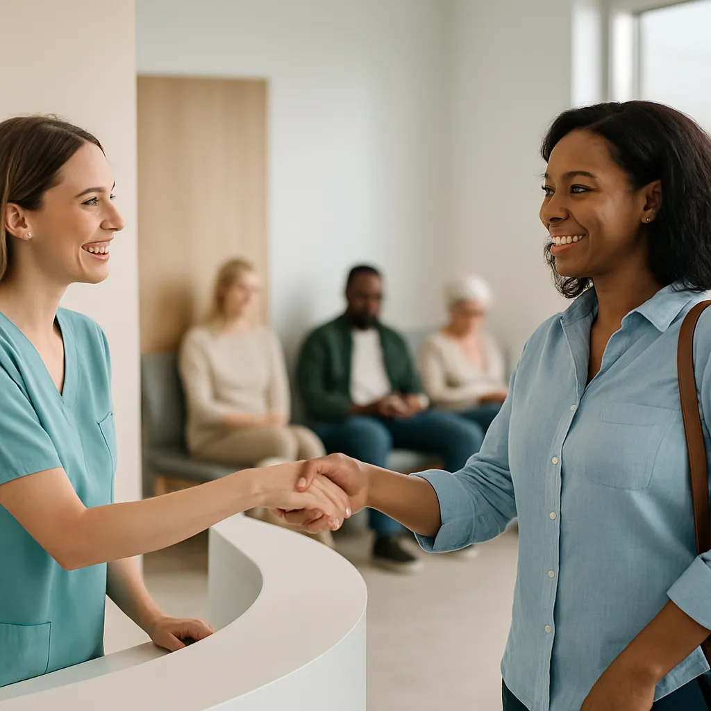 Front desk staff reviewing text message templates on a tablet to reduce patient no-shows.