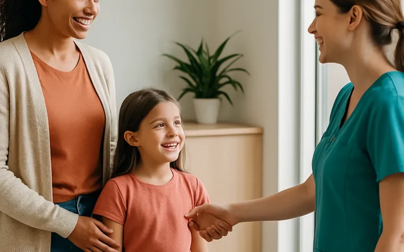 Pediatrician greeting a young patient, illustrating pediatric marketing ideas that build family trust.