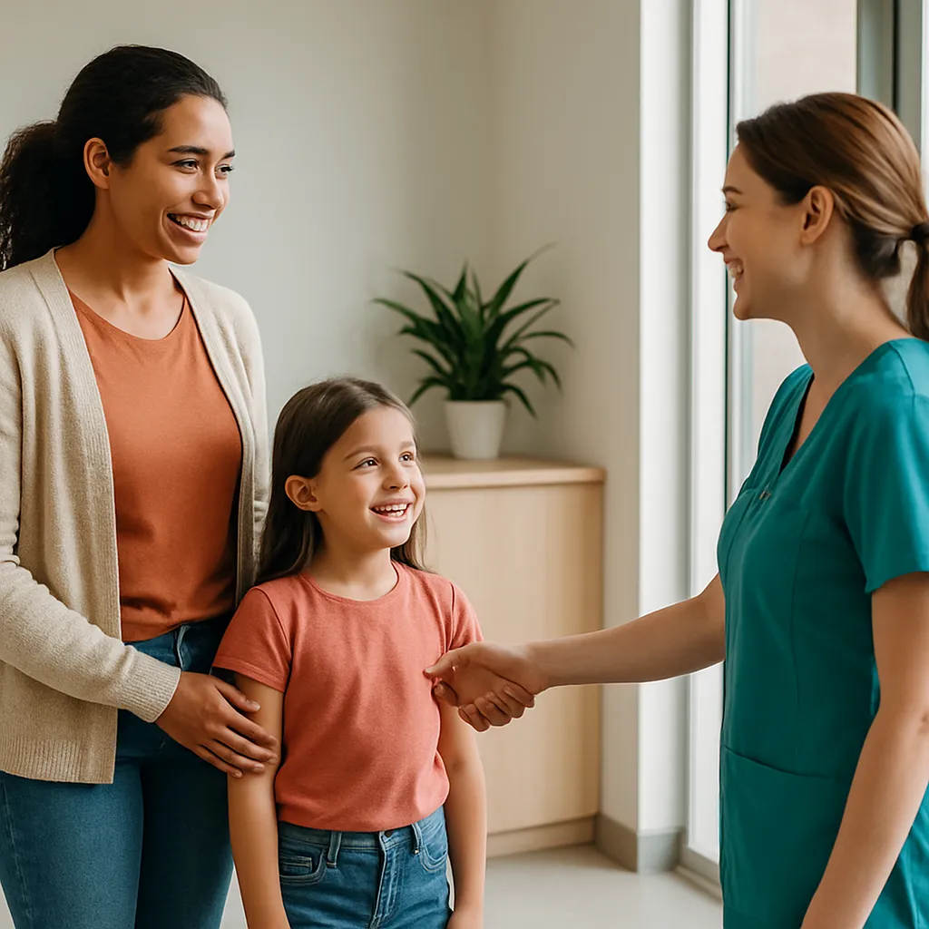 Pediatrician greeting a young patient, illustrating pediatric marketing ideas that build family trust.