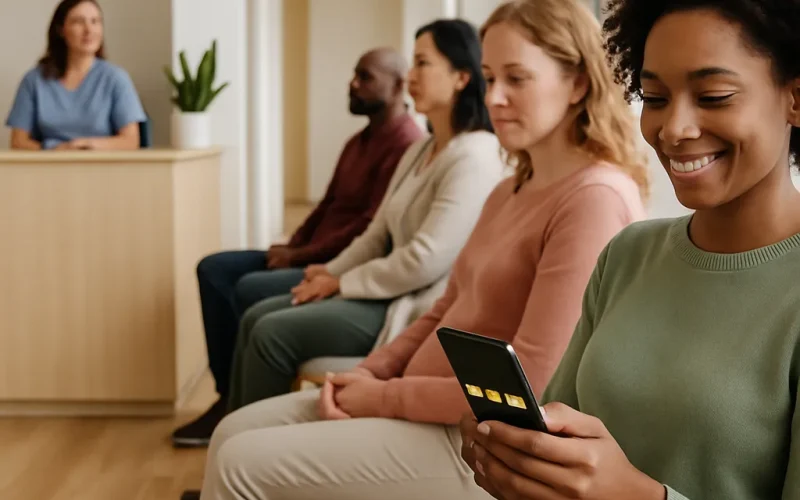 Medical office staff celebrating new 5-star Google reviews on a tablet