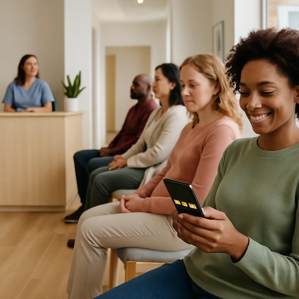 Medical office staff celebrating new 5-star Google reviews on a tablet
