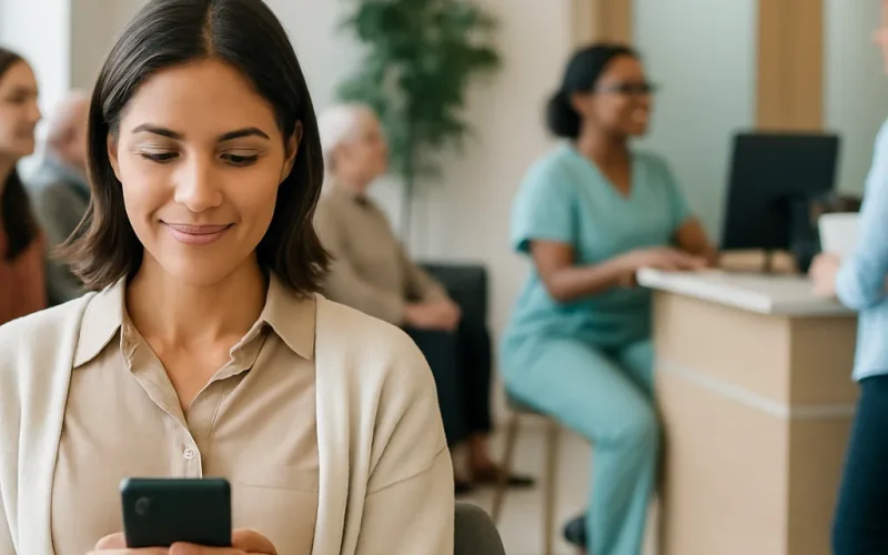 Doctor reviewing Yelp reviews for medical practices on a laptop at the front desk