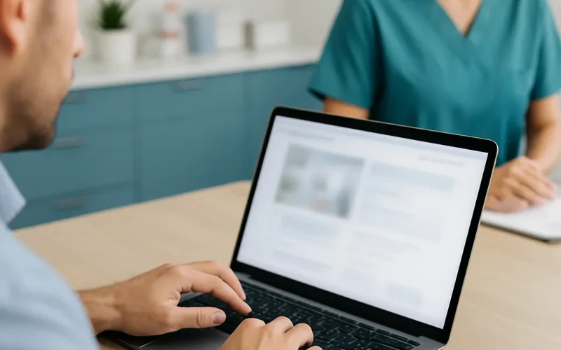 Doctor checking medical website load time on a laptop and phone in a clinic.