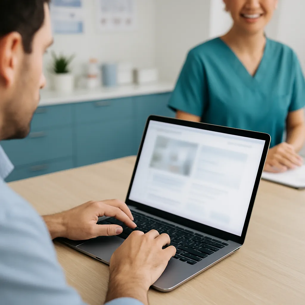 Doctor checking medical website load time on a laptop and phone in a clinic.