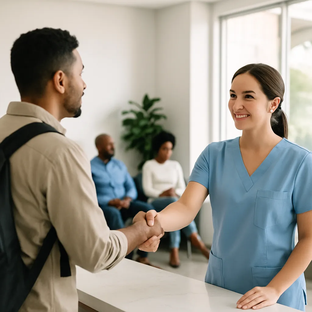 Doctor at laptop reviewing a Google Business Profile suspension notice for a medical practice