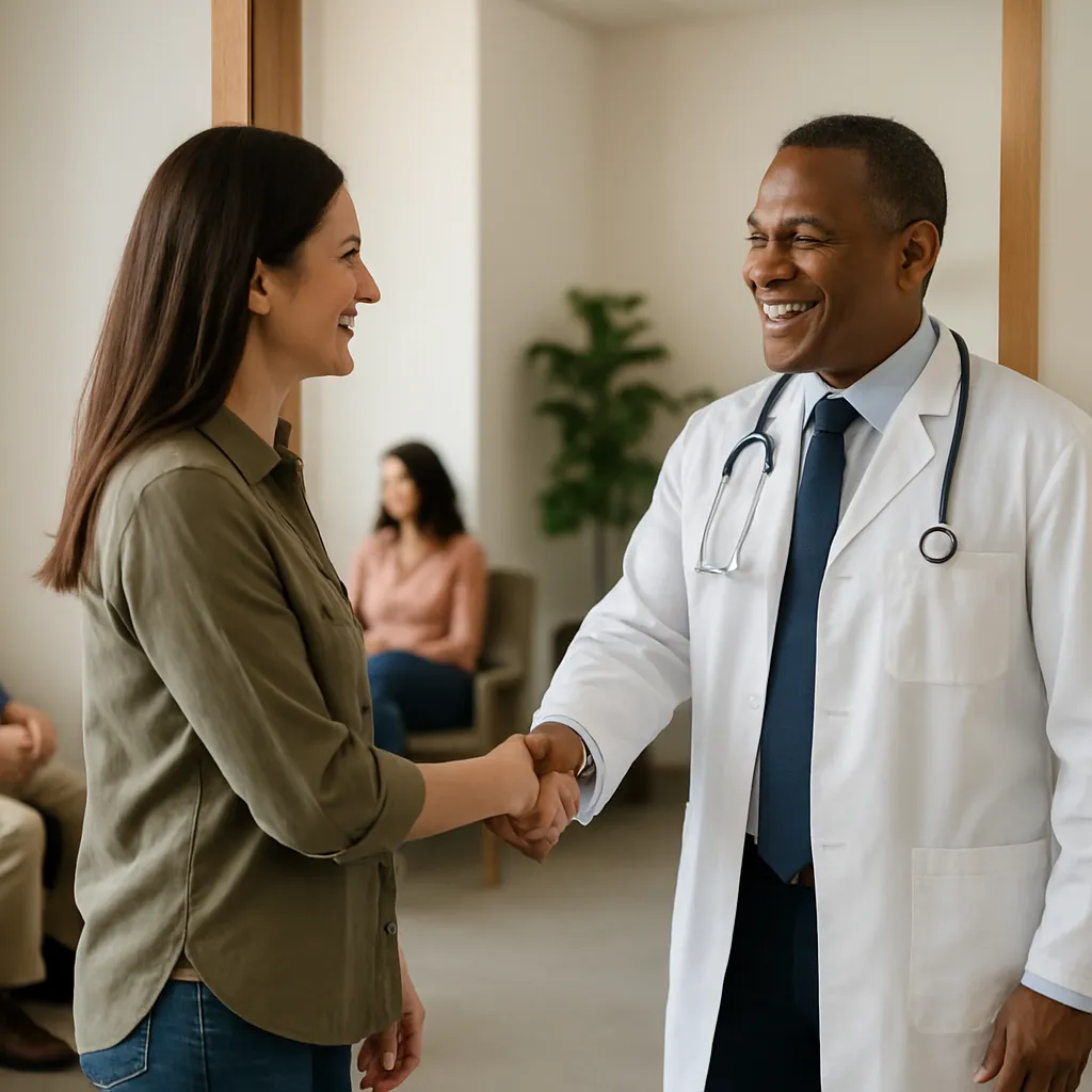 Two physicians shaking hands in a clinic hallway representing patient referrals from other doctors.