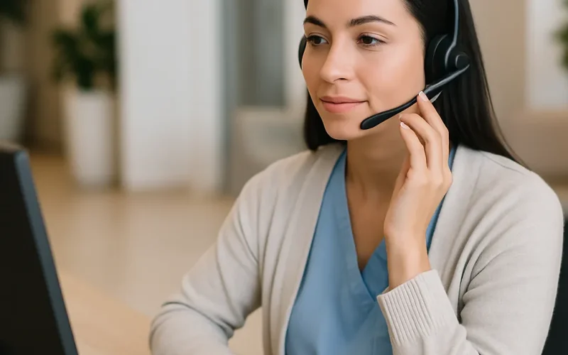 Front desk staff reviewing a call transcript showing how to handle angry callers with Voice AI gracefully.