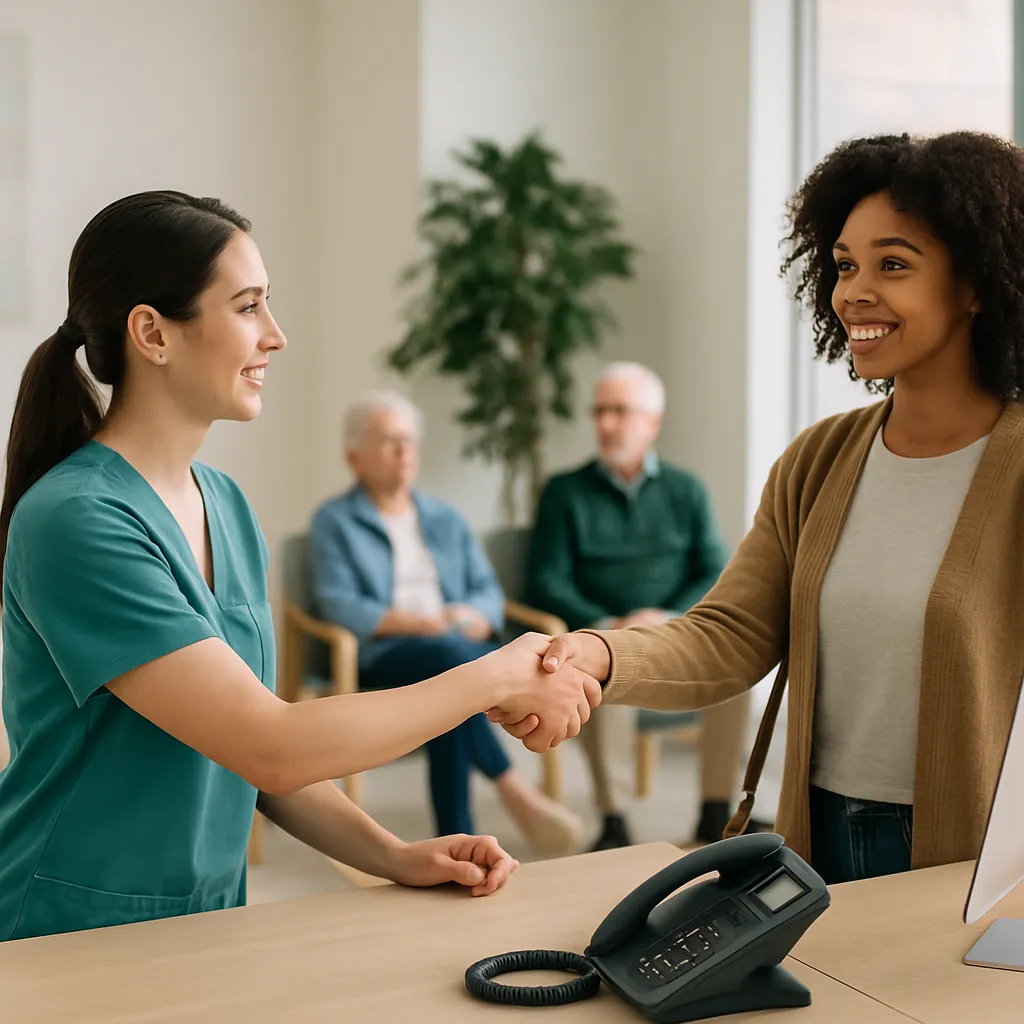 Medical receptionist using two-way texting on a laptop to confirm patient appointments.