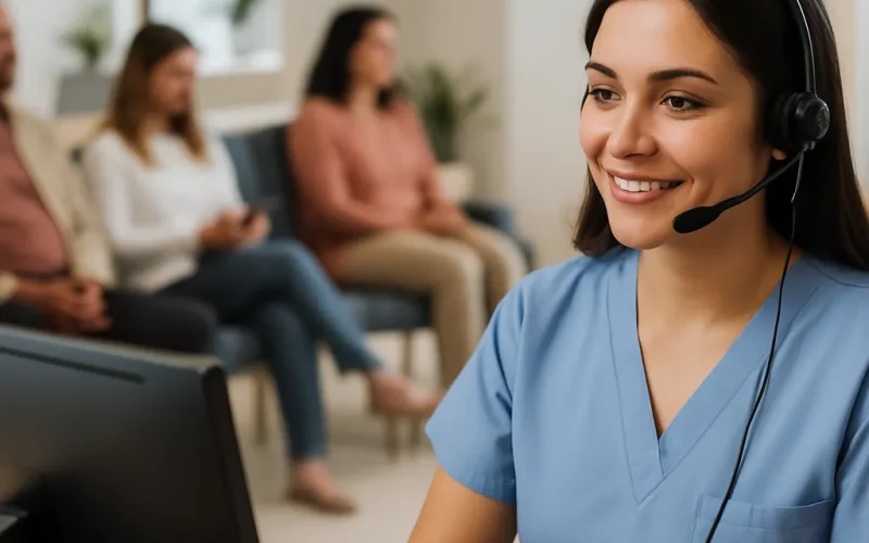 Practice manager reviewing scripts to train voice AI for a medical front desk