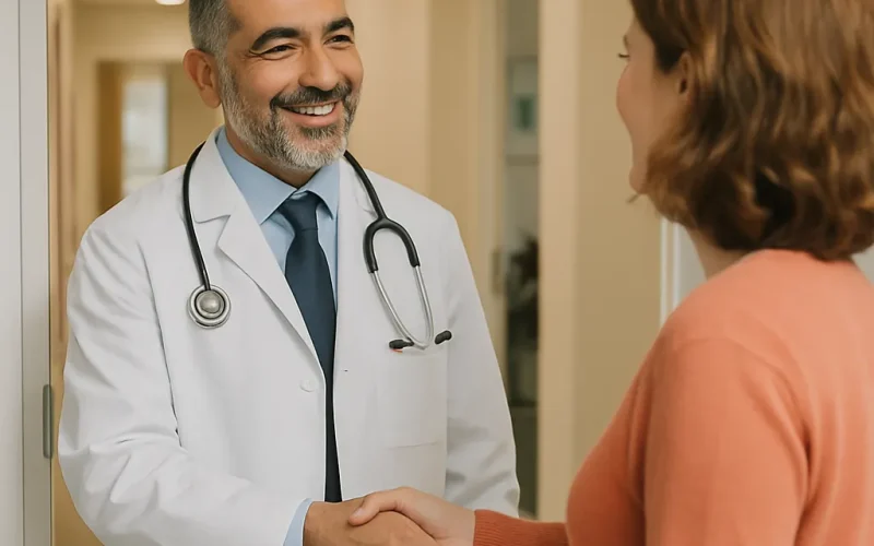 Patient using a laptop to schedule an appointment, becoming one of the booked patients from a medical practice website.