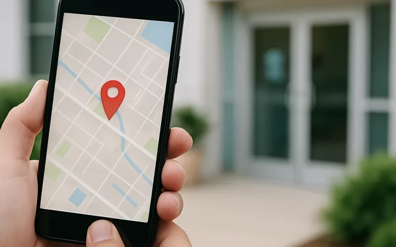 Doctor reviewing near me search results for her medical practice on a smartphone.