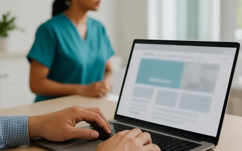 Doctor reviewing an ADA-compliant practice website checklist on a laptop