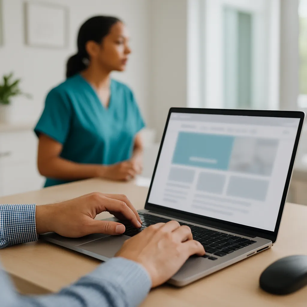 Doctor reviewing an ADA-compliant practice website checklist on a laptop