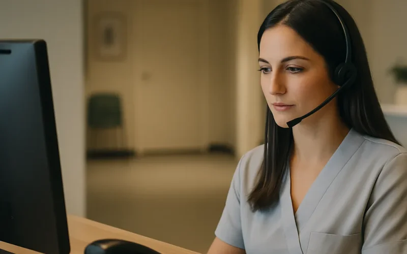A medical office phone at night showing after-hours voice AI answering a patient call.