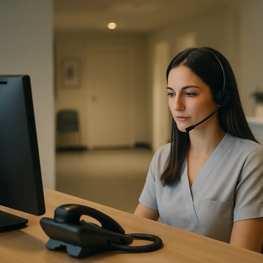 A medical office phone at night showing after-hours voice AI answering a patient call.