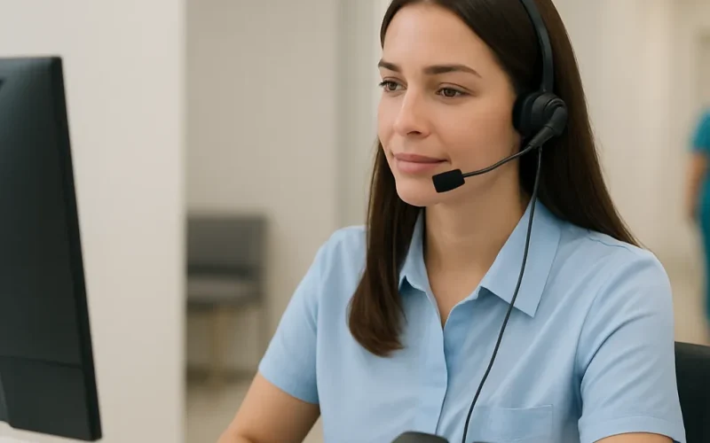 Medical receptionist reviewing voice AI appointment reminders dashboard on a laptop