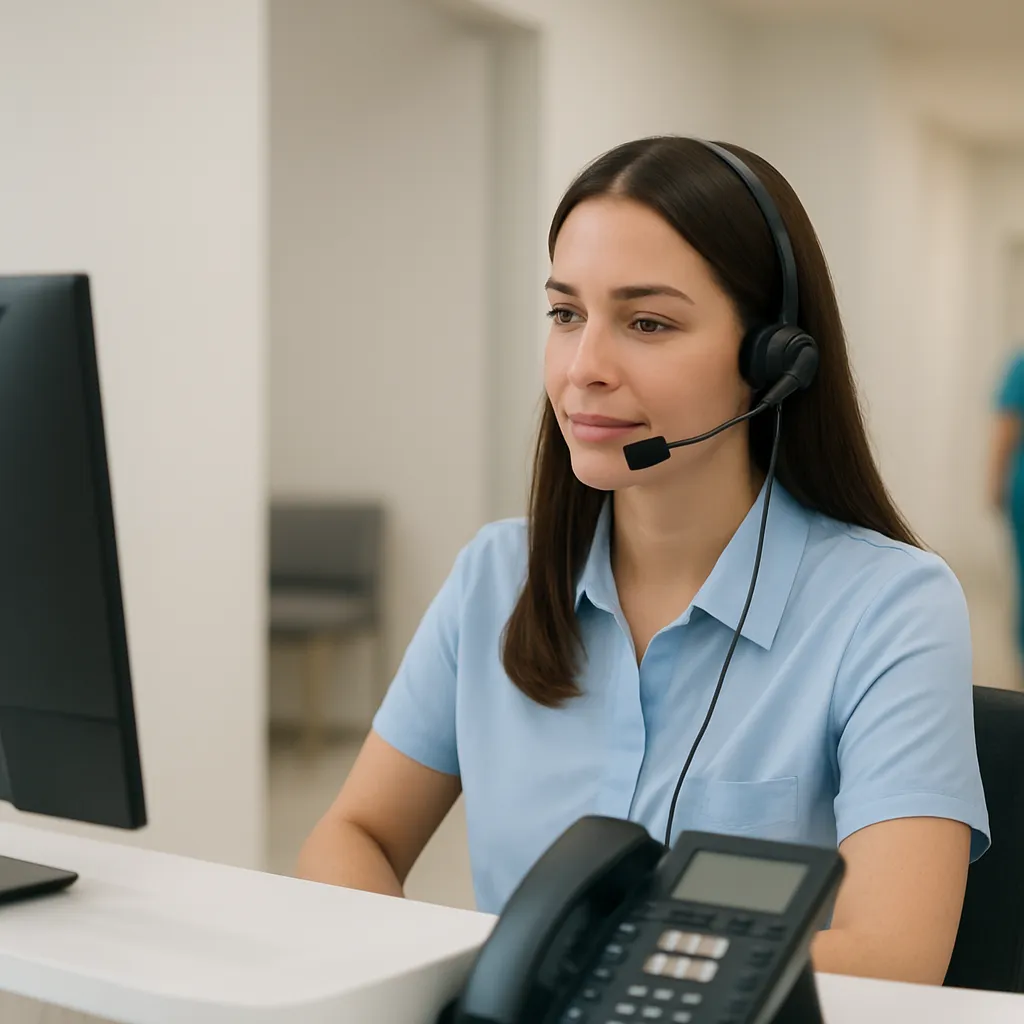 Medical receptionist reviewing voice AI appointment reminders dashboard on a laptop