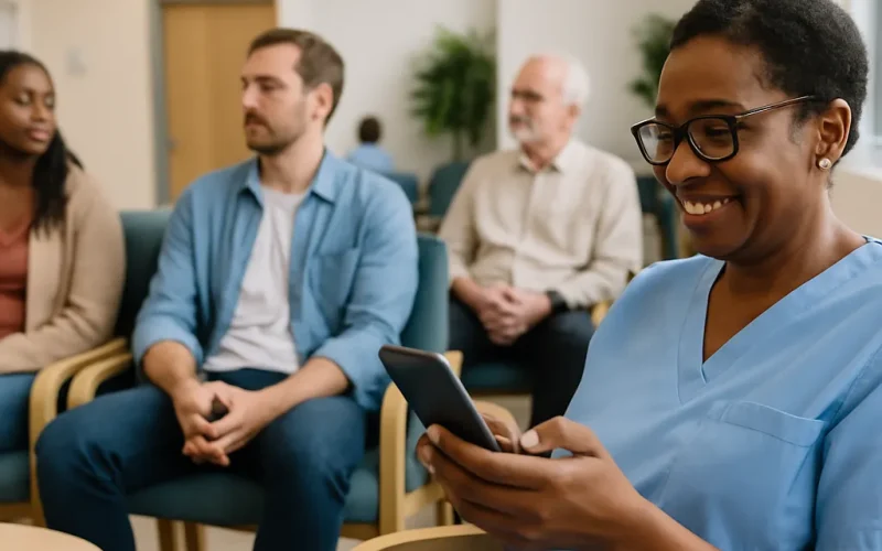 Doctor evaluating review removal services on a laptop in a medical office.