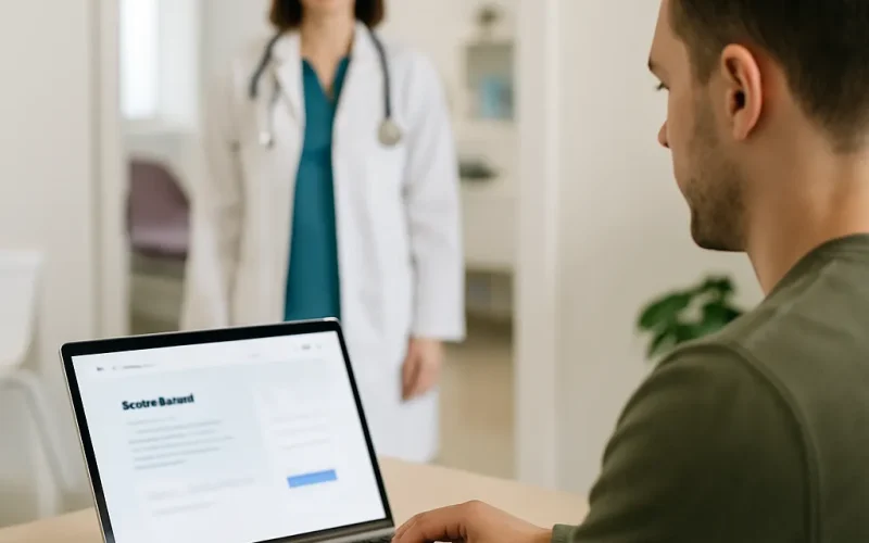 Doctor's website showing a patient portal on homepage login button next to a scheduling call-to-action.