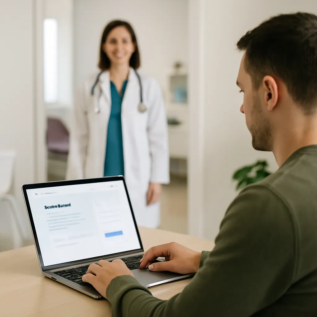 Doctor's website showing a patient portal on homepage login button next to a scheduling call-to-action.