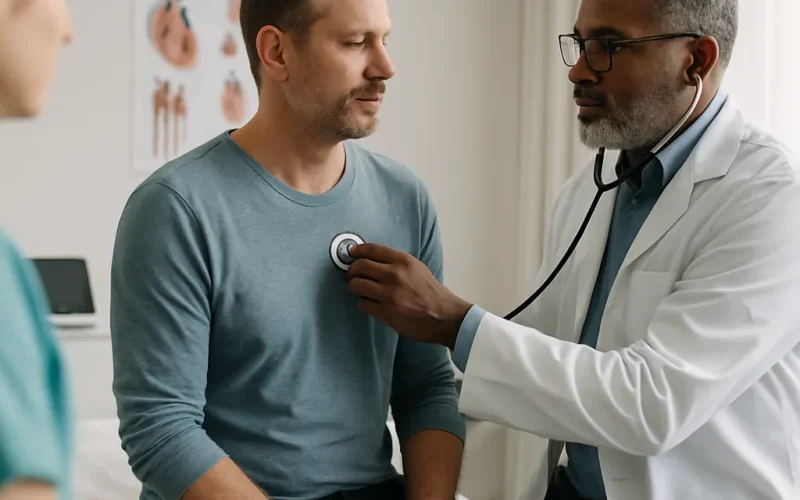 Cardiology marketing team reviewing a referral dashboard with a cardiologist in a clinic