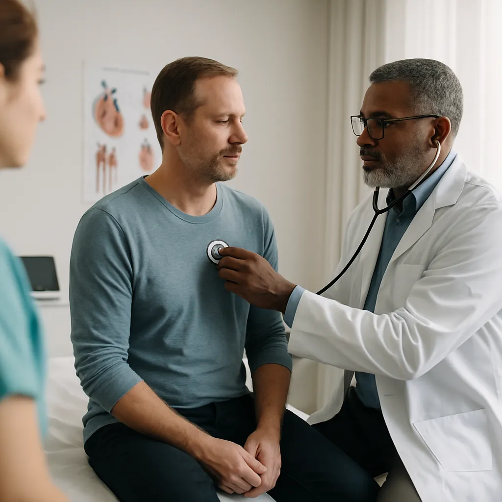 Cardiology marketing team reviewing a referral dashboard with a cardiologist in a clinic