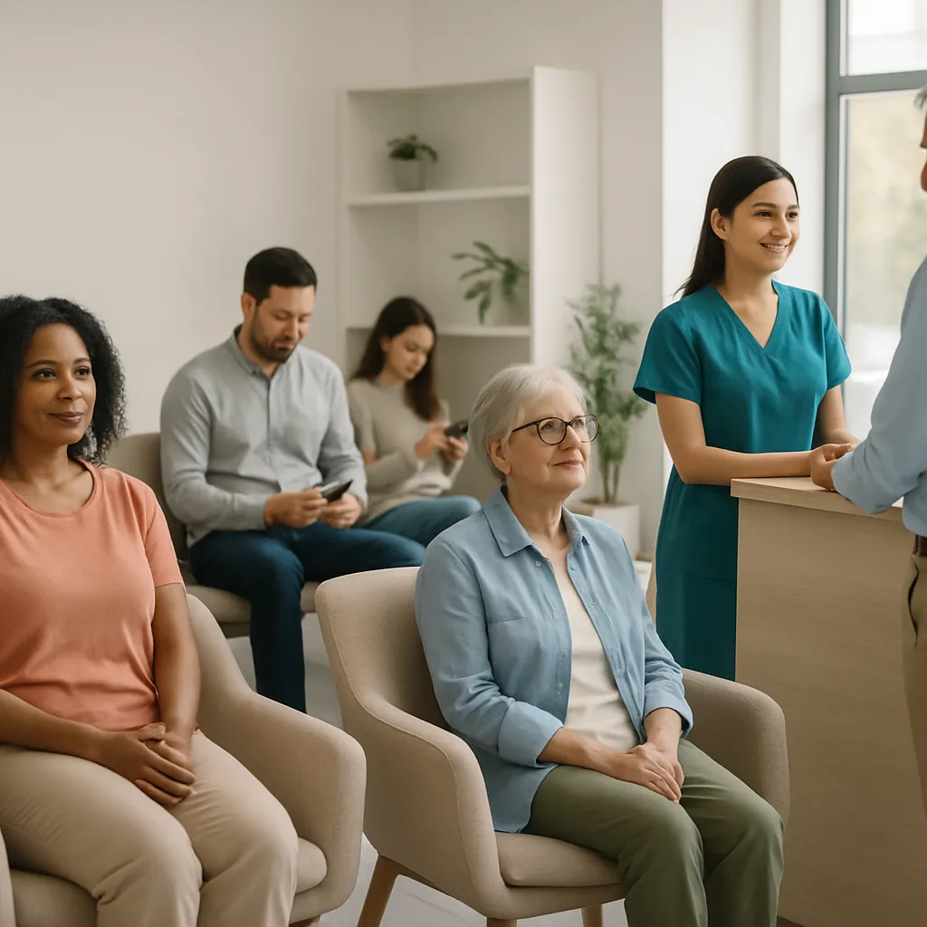 Dermatology marketing team reviewing patient acquisition metrics on a laptop in a clinic.