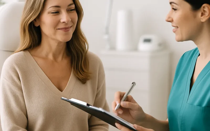 Plastic surgery marketing consultation with a premium patient in a modern clinic