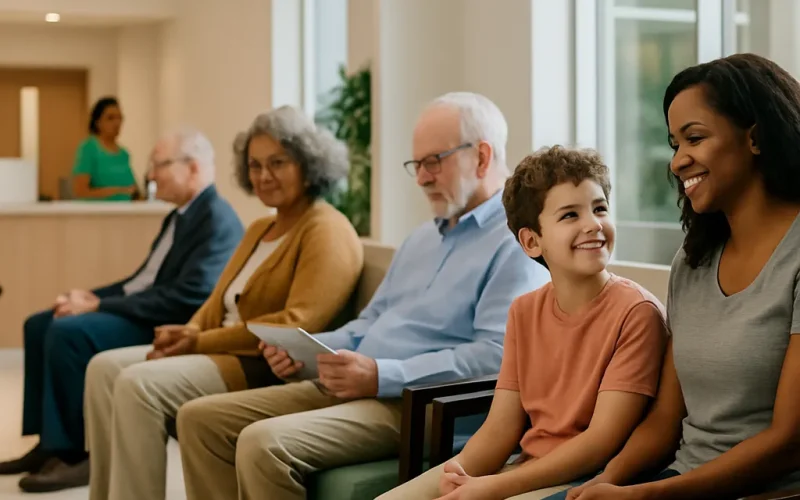 Urgent care marketing team reviewing patient volume dashboard for a walk-in clinic