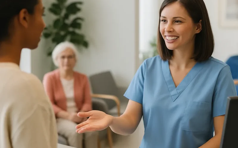 A medical front desk voicemail light blinking on a busy clinic phone.
