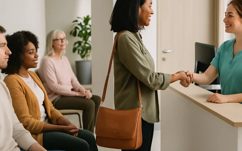 Front desk staff managing a new patient waitlist on a clinic computer