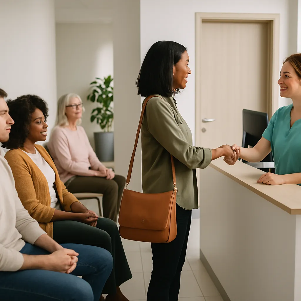 Front desk staff managing a new patient waitlist on a clinic computer