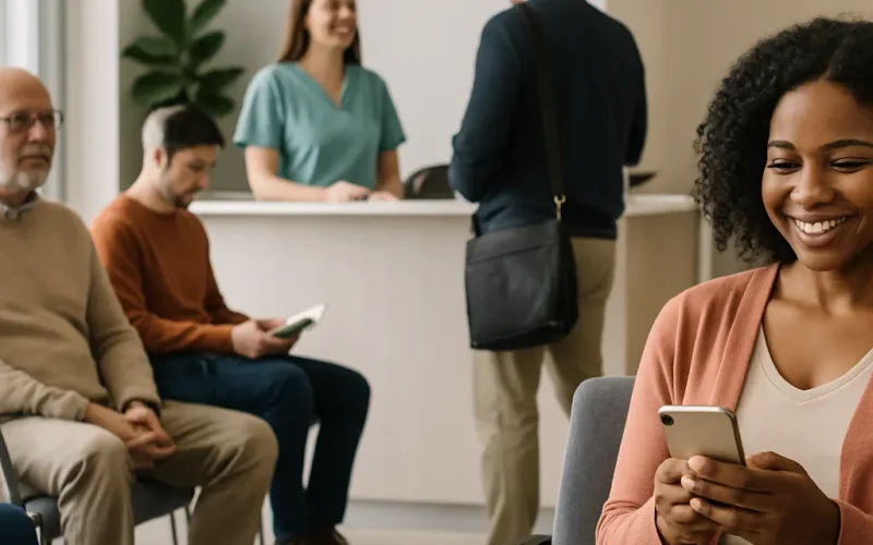 Front desk coordinator helping insurance shoppers verify coverage over the phone at a medical practice.