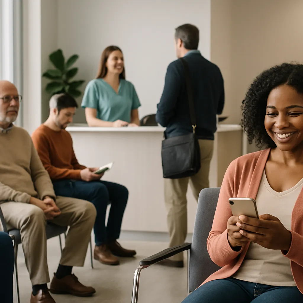 Front desk coordinator helping insurance shoppers verify coverage over the phone at a medical practice.