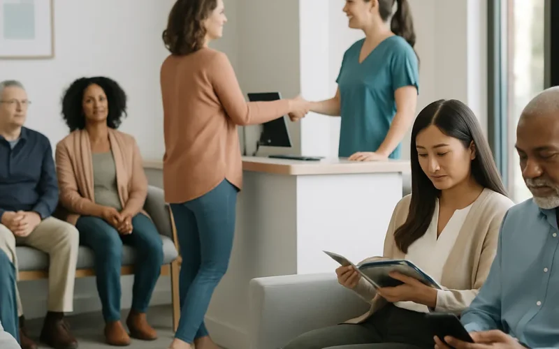Doctor shaking hands with a local business owner to build local backlinks for a medical practice