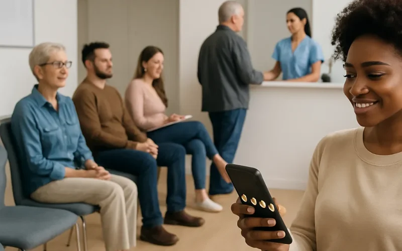 Front desk team requesting 5-star reviews from patients at a medical practice checkout counter.