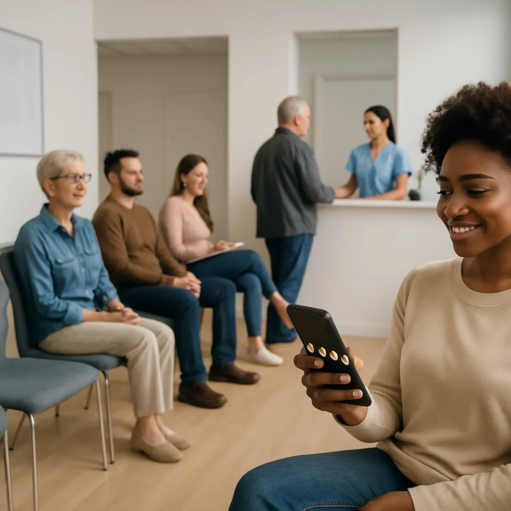 Front desk team requesting 5-star reviews from patients at a medical practice checkout counter.