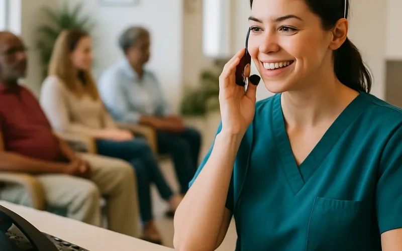Medical receptionist headset beside laptop showing settings to stop voice AI sounding robotic to patients