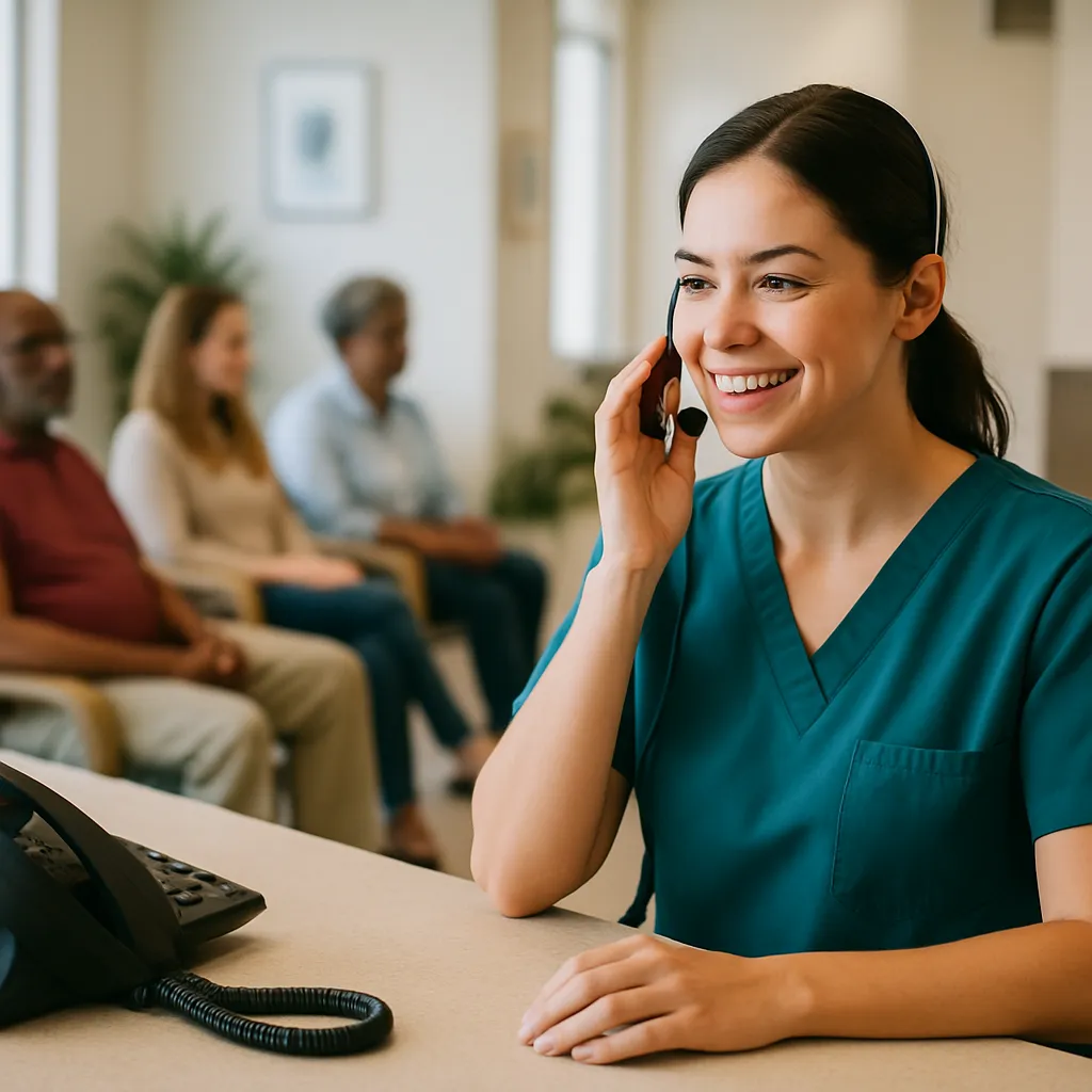 Medical receptionist headset beside laptop showing settings to stop voice AI sounding robotic to patients