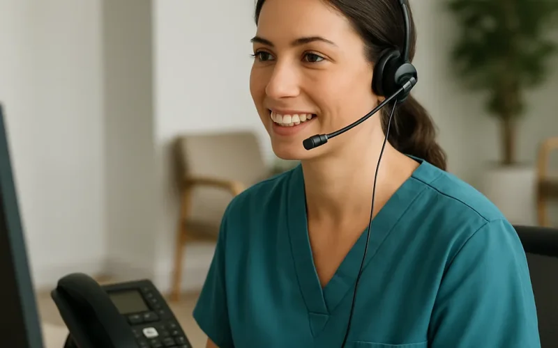 Medical receptionist reviewing voice AI phone scripts on a dual monitor setup at a practice front desk.