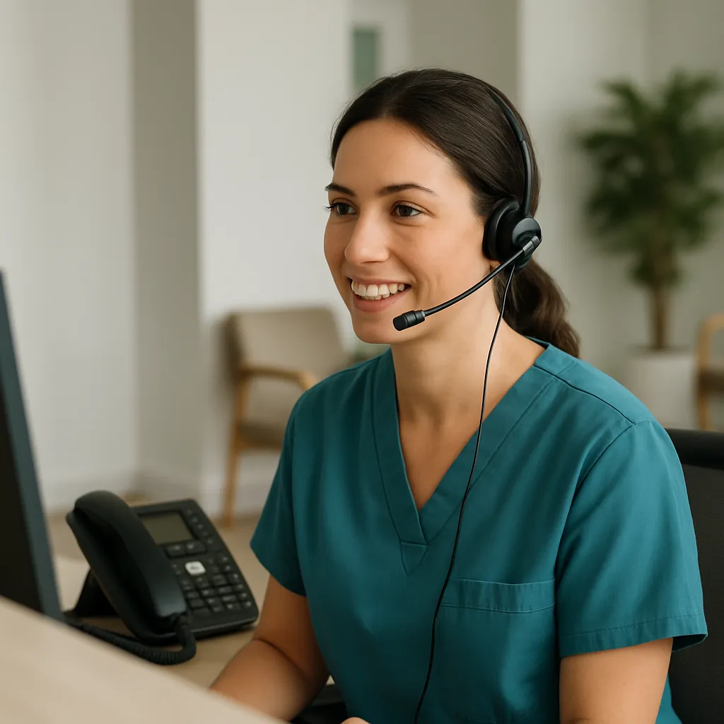 Medical receptionist reviewing voice AI phone scripts on a dual monitor setup at a practice front desk.