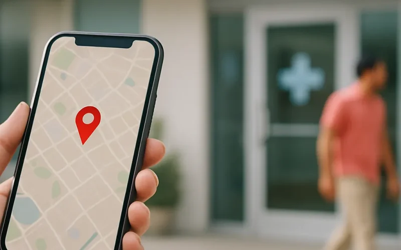 Doctor reviewing competitor Google Maps pins near a medical practice on a laptop.
