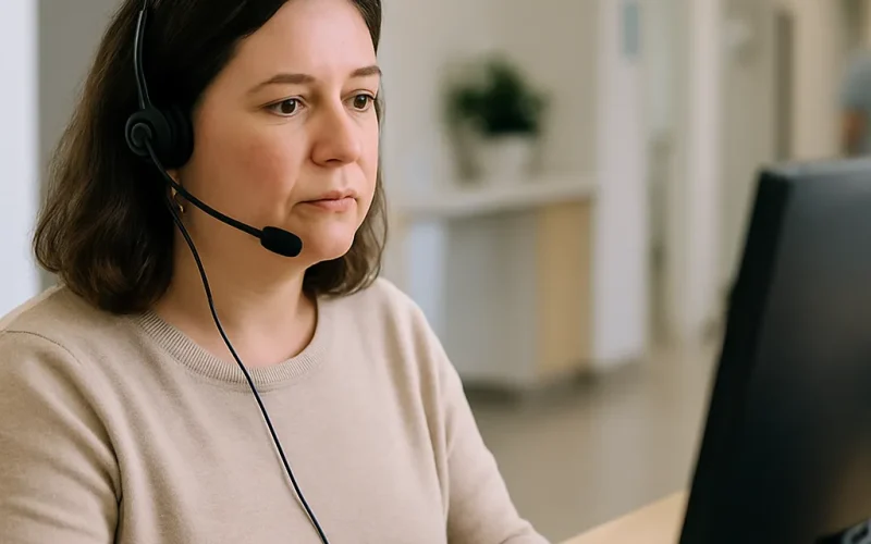 Medical receptionist reviewing voice AI prescription refills workflow on a desktop screen
