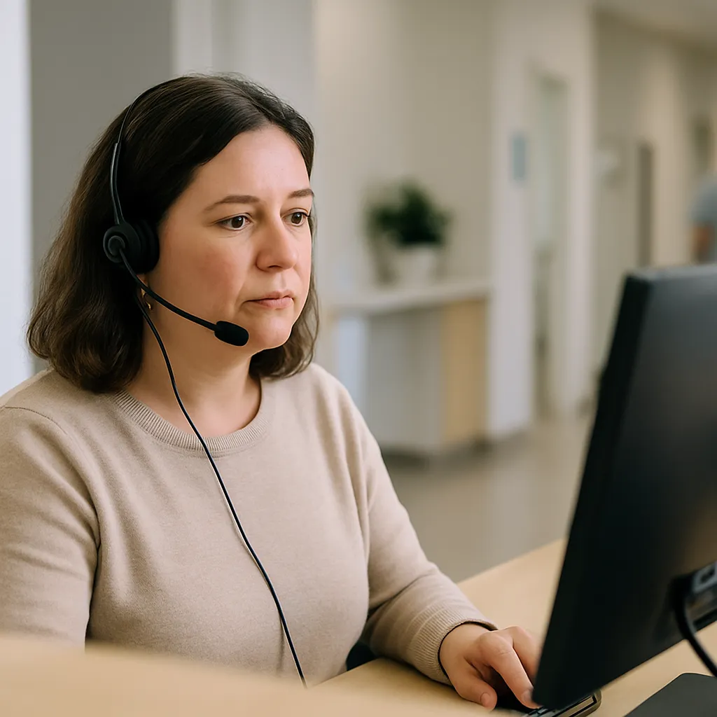 Medical receptionist reviewing voice AI prescription refills workflow on a desktop screen