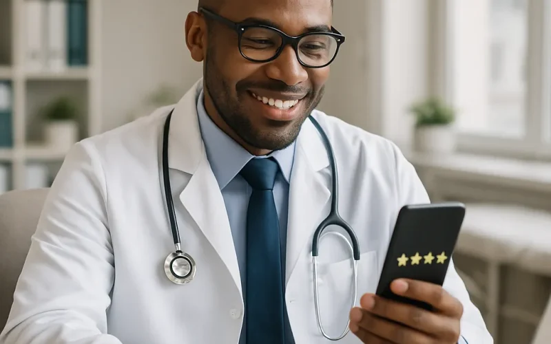 Doctor at a laptop deciding whether to reply to every review posted online.