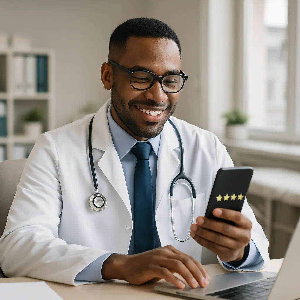 Doctor at a laptop deciding whether to reply to every review posted online.