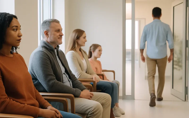 Doctor reviewing Google Business Profile photos on a laptop in a bright medical office