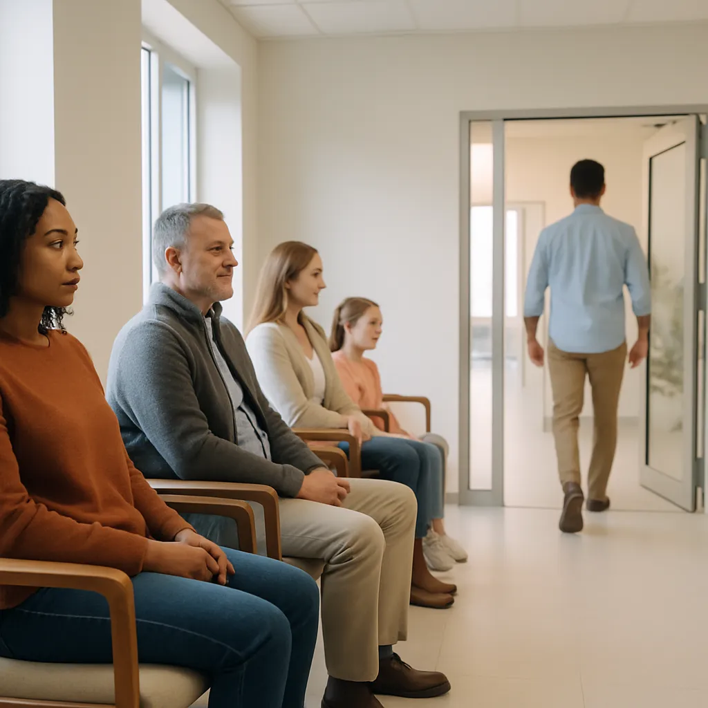 Doctor reviewing Google Business Profile photos on a laptop in a bright medical office
