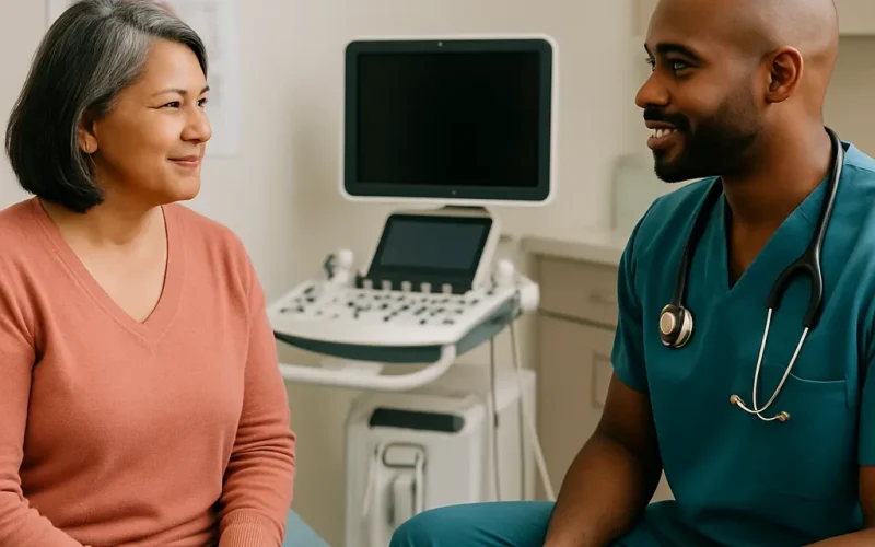 Cardiologist reviewing a cardiology marketing dashboard showing referral sources and new patient leads.
