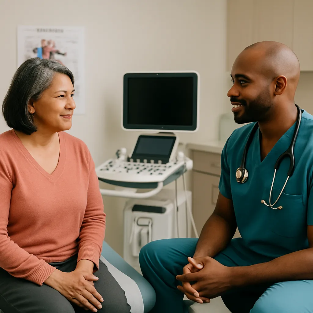Cardiologist reviewing a cardiology marketing dashboard showing referral sources and new patient leads.
